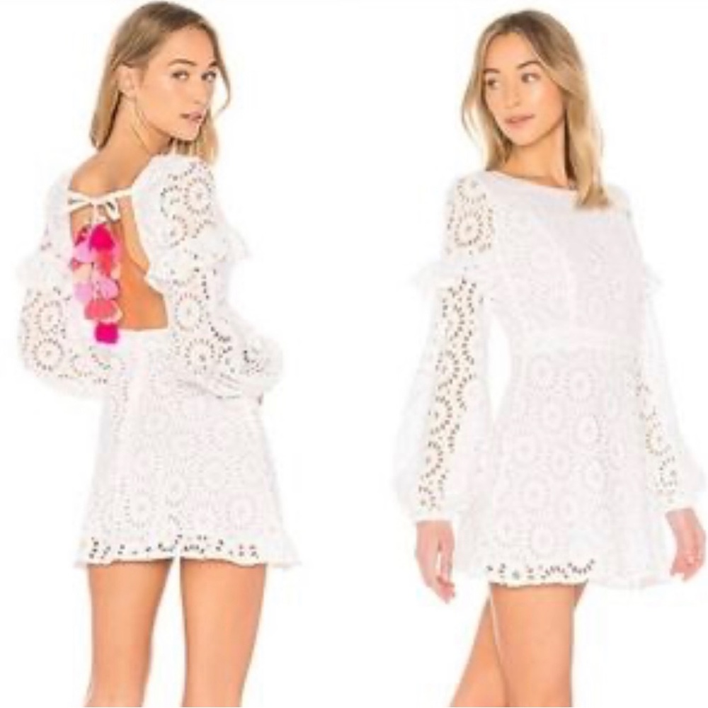 SUNDRESS MARGHERITA White Eyelet Tassels Mini Dress M